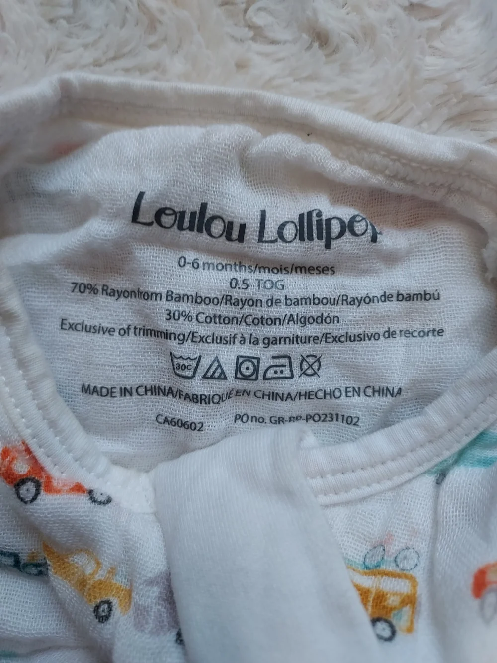 Loulou Lollipop Bamboo Muslin White Sleep Sack Colorful Car Truck Print 0-6mo
